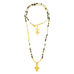 Benares. Golden rice and smoky quartz beautiful necklace with Barroque African Cross pendant, 6mm gemstones and golden beads