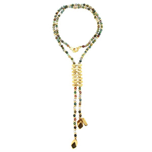 Cora. Beautiful long tie style gold and stone necklace, with 6mm Gemstones  and 2 Golden rhombus.