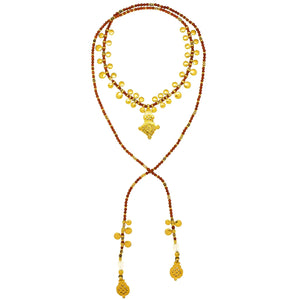 Arinsal. Stunning long tie type necklace with african cross as pendant, semiprecios gemstones beads.