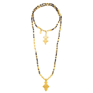 Benares. Golden rice and smoky quartz beautiful necklace with Barroque African Cross pendant, 6mm gemstones and golden beads