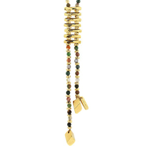 Cora. Beautiful long tie style gold and stone necklace, with 6mm Gemstones  and 2 Golden rhombus.