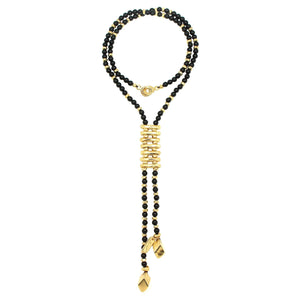 Cora. Beautiful long tie style gold and stone necklace, with 6mm Gemstones  and 2 Golden rhombus.