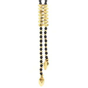 Cora. Beautiful long tie style gold and stone necklace, with 6mm Gemstones  and 2 Golden rhombus.