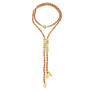 Cora. Beautiful long tie style gold and stone necklace, with 6mm Gemstones  and 2 Golden rhombus.