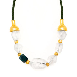 Valtice. Trendy and elegant tusk pendant necklace with mini golden seeds and 8mm Gemstones. 